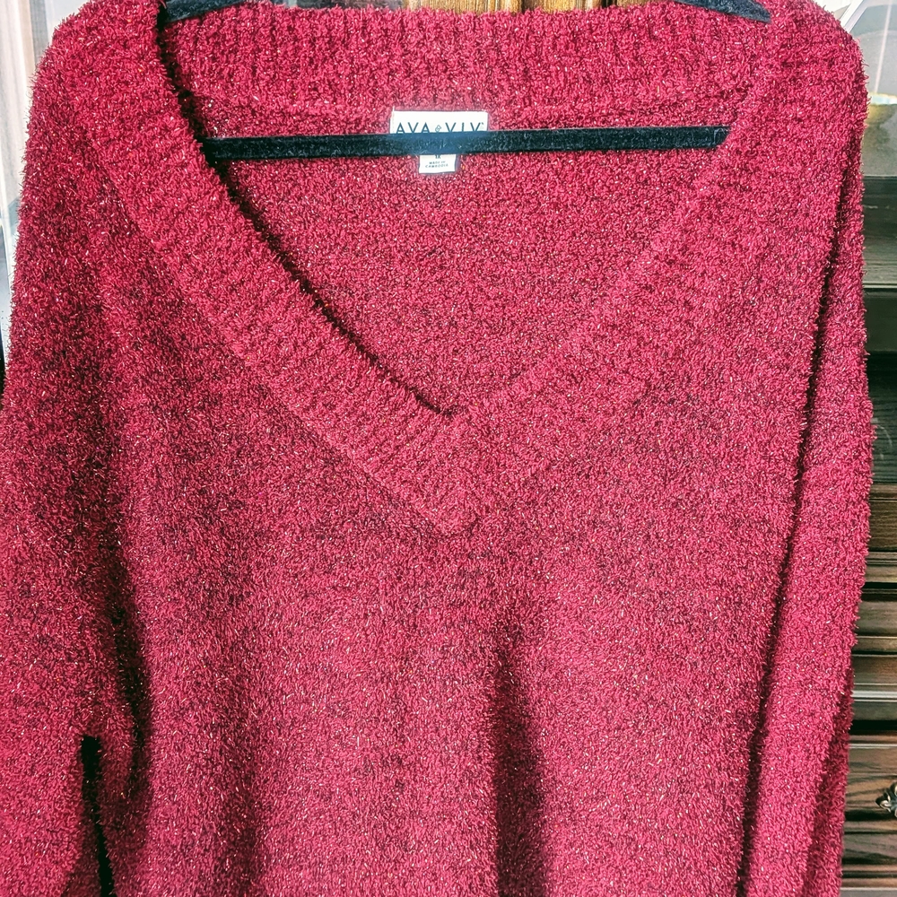 Ava & Viv Burgundy Marled V-Neck Boucle Knit Sweater Plus Size 1x - Picture 3 of 6